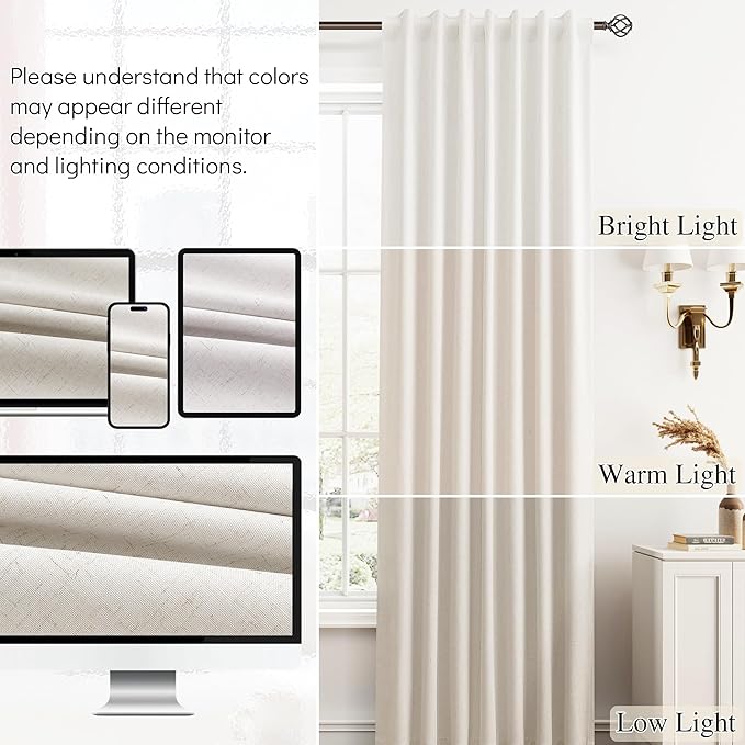 Cream Linen 100% Blackout Curtains 72 Inch Long 2 Panels Set Beige Textured Black Out Soundproof Thermal Insulated Curtains for Living Room Bedroom Hook Belt Farmhouse Back Tab Drapes Nature 52x72 6Ft