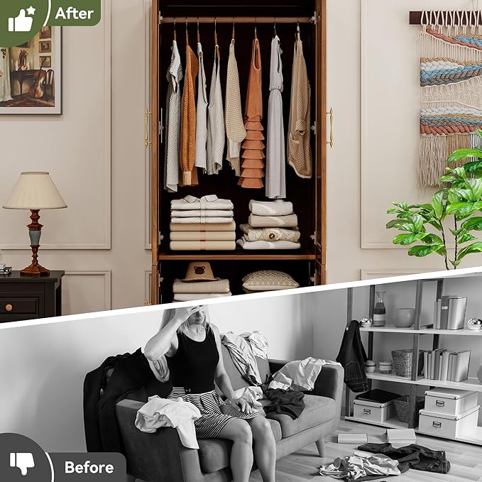 Solid Wood Wardrobe Closet:TemkTuek 70.87" Armoire,Clothing Storage Cabinet with Doors,Shelves and Hanging Rails,Vintage Freestanding,Bedroom,Wood Grain Color(22)