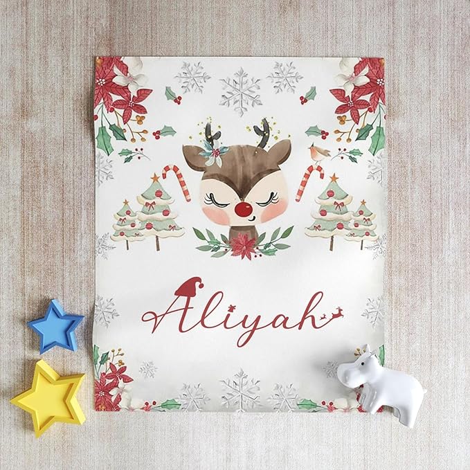 Personalized Baby's First Christmas Blanket, Custom Winter Reindeer Nursery Baby Name Christmas Blanket, Soft Fleece Or Sherpa Throw, Baby Shower, Made in USA