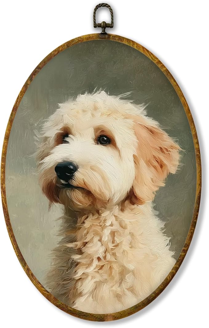 Hiuwevt Vintage Goldendoodle Oval Wall Art Decor, Goldendoodle Gifts for Women Framed Canvas Prints, Rustic Neutral Dog Oval Wall Hanging Decor for Bedroom Living Room Decorations, 8.6x11.4 Inches