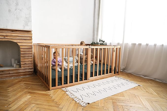 BUSY WOOD Montessori Bed for Toddlers with Railings 31,4 in - Floor Bed Frame for Kids - Platform Bedframe Small, Twin, Full, Queen, King Size (Model 20)