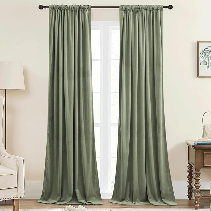StangH Sage Green Curtains for Living Room Soft Velvet Back Tab Nursery Bedroom Window Panels 96 inches Long Room Darkening Thermal Insulated Drapes, W42 x L96, 2 Panels