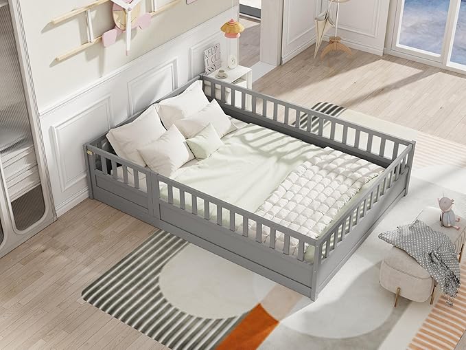 GDFStudio Full Size Floor Bed Frame with Opening Door & Guardrails, Montessori Toddler Full Bed Frame for Boys Girls, Wooden Low to Floor Bed Rails for Toddlers, Support Slat, Grey