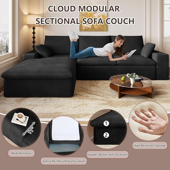 107 Inch Cloud Sectional Couch, Modern Modular Sectional Sofa with Deep Seat, Corduroy Boneless Couches with L-Shape Chaise for Living Room Bedroom, No Assembly Required (Black, Left Facing Chaise)