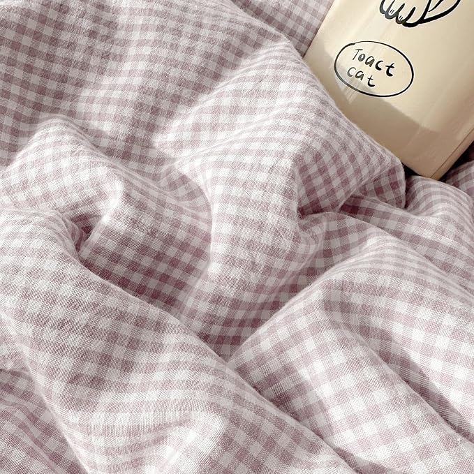 LifeTB Purple Gingham Duvet Cover King Cozy Washed Microfiber Purple Checkered Plaid Duvet Cover with 2 Pillowcases Romantic White Lace Comforter Cover 3 Pieces Gingham Grid Bedding Set