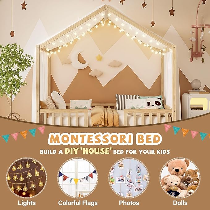 Montessori Floor Bed with Canopy, High Railings and Roof, Full Size Wood House Bed Frame for Kids Bedroom (Natural/C)