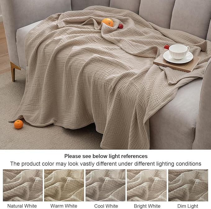 PHF 100% Cotton Muslin Blanket Queen Size 90"x90", 4-Layer Lightweight Gauze Throw, Breathable Cloud-Soft Minimalist Blanket for Bed, Couch, Camping & Baby, Taupe, Ideal Gift