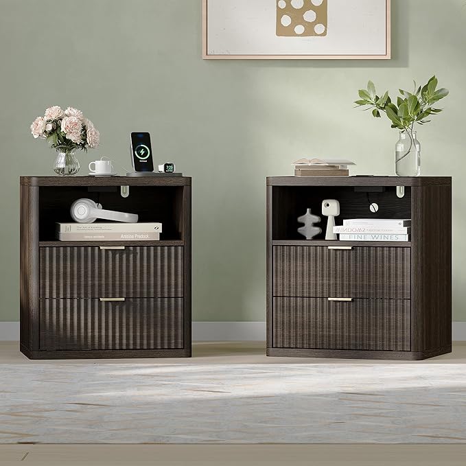 Fluted Nightstand Set of 2 with Charging Station, 21.7" Wide Modern Night Stand with 2 Drawers Open Storage Cabinet, Wooden Bedside End Table for Bedroom,Walnut