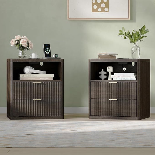 Fluted Nightstand Set of 2 with Charging Station, 21.7" Wide Modern Night Stand with 2 Drawers Open Storage Cabinet, Wooden Bedside End Table for Bedroom,Walnut
