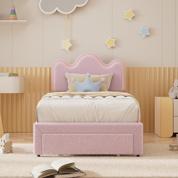 Twin Upholstered LED Bed Frame with Storage Drawers Girls Bed with Flower Headboard Boucle Princess Platform Bed Frame for Kids/Girls Strong Wood Slat Support,No Box Spring Needed,Easy Assembly