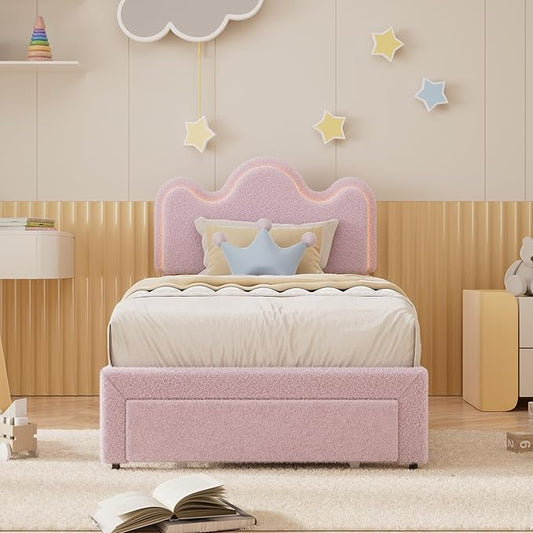 Twin Upholstered LED Bed Frame with Storage Drawers Girls Bed with Flower Headboard Boucle Princess Platform Bed Frame for Kids/Girls Strong Wood Slat Support,No Box Spring Needed,Easy Assembly