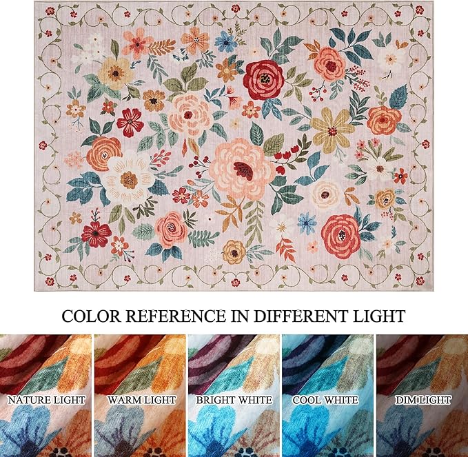 DUKINO 3x5 Area Rug, Floral Rugs for Entryway, Lightweight Non Slip Washable Rug, Indoor Low Pile & Non-Shedding Boho Design Rugs for Bedroom, Living Room, Dining Room, Kitchen, Beige