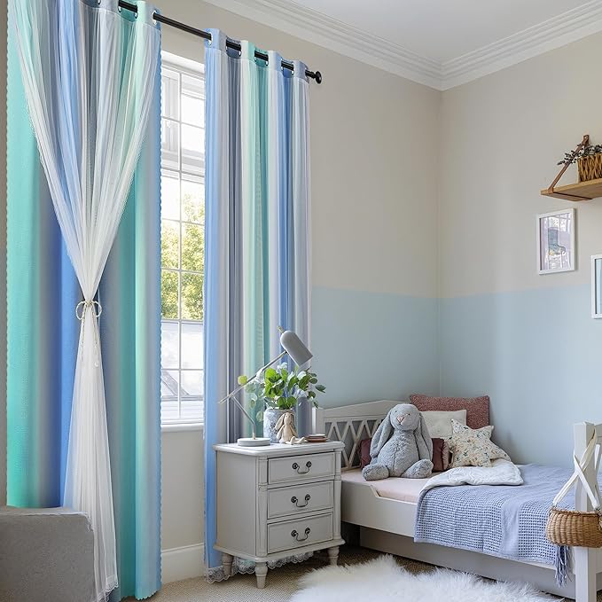 XiDi 100% Blackout Curtains for Girls Bedroom Living Room 96 Inch Length 2 Panels Kids Rainbow Blue Green Grey Mix & Match Double Layer Curtains with Sheer Overlay Grommet Window Drapes 34W x 96L