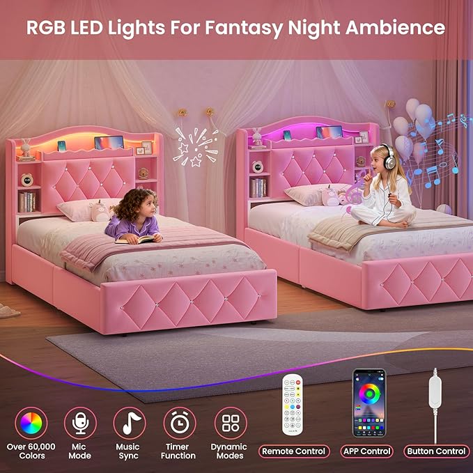 DICTAC Twin Size Bed Frame for Girls with Storage Drawers, Bookcase Headboard, LED Lights and Power Outlets, Diamond Tufted Velvet Upholstered Princess Platform Bed, Heavy-Duty Metal Support, Pink