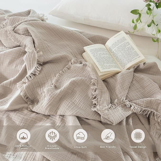 MooMee Muslin Blanket - 100% Cotton 4-Layer Gauze Throw Blanket with All-Around Fringe, Ultra-Soft Breathable Lightweight Cooling Decorative for Bed, Sofa & Couch (Cream Grey,Throw XL 50" x 70")