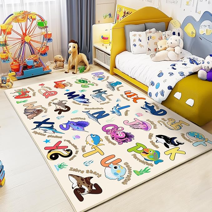 Kids Rugs for Playroom, 4x5 Feet Educational Rug for Learn The ABC Alphabet, Soft Machine Washable Non-Slip Cute Marine Organisms Carpet for Classroom Toddler Nursery Kids Room Decor, Beige