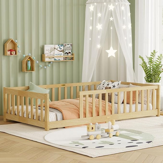Twin Size Floor Bed for Kids, Wood Montessori Floor Beds with Fence Railings and Slats Support, Twin Playhouse Bed Frame for Boys Girls, No Box Spring Needed, Natural