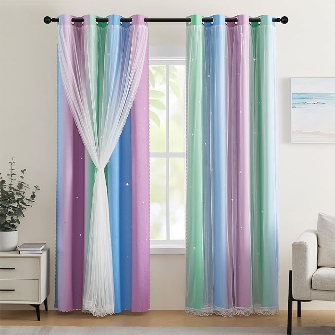 XiDi Blackout Curtains for Girls Bedroom Decor 45 inches Long Window Curtains Colorful Rainbow Design 2 Panel, Kids Room Unicorn Princess Theme Home Decor Ombre Drapes Green Purple Blue W34 X L45
