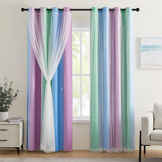 XiDi Green Purple Blue Curtains for Girls Bedroom Decor Kids Blackout Curtains for Nursery Room Darkening Rainbow Princess Unicorn Wall Decals Little Girl 52x54 Inches Long 2 Panels Set