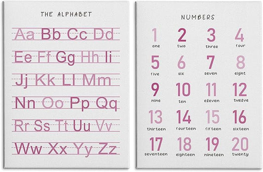 HRQKO Alphabet Numbers Nursery Canvas Wall Art Set of 2, Pink Kids Room Decor Framed Art, ABC Numbers Educational Posters Wall Decor for Classroom Toddler Kids Nursery Bedroom Playroom, 11x14 inch