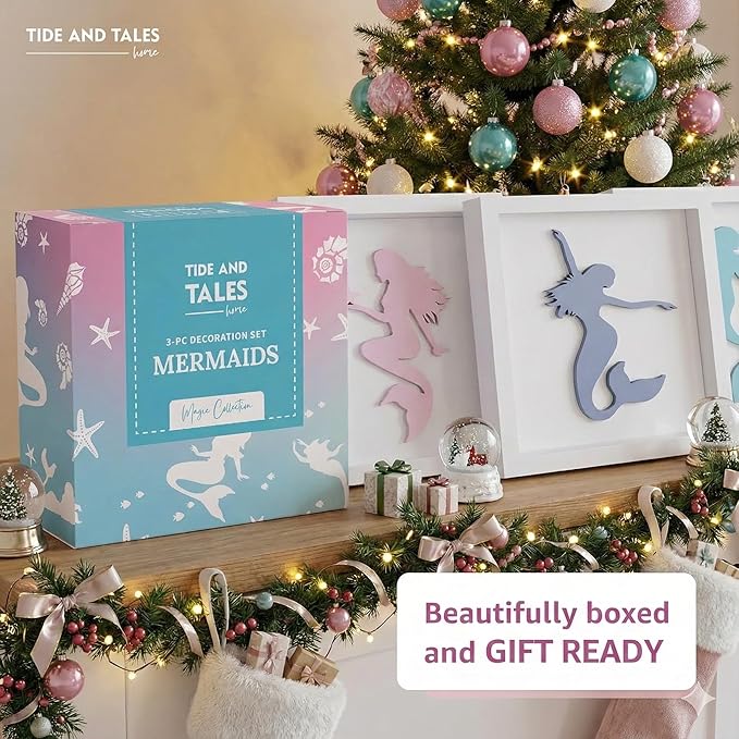 Tide and Tales Elegant 3D Mermaid Wall Decor, Framed Wooden Set of 3 Silhouettes in Pastel Colors, Mermaid Bathroom Decor, Ocean Room Decorations for Girls Bedroom, Ocean Wall Art