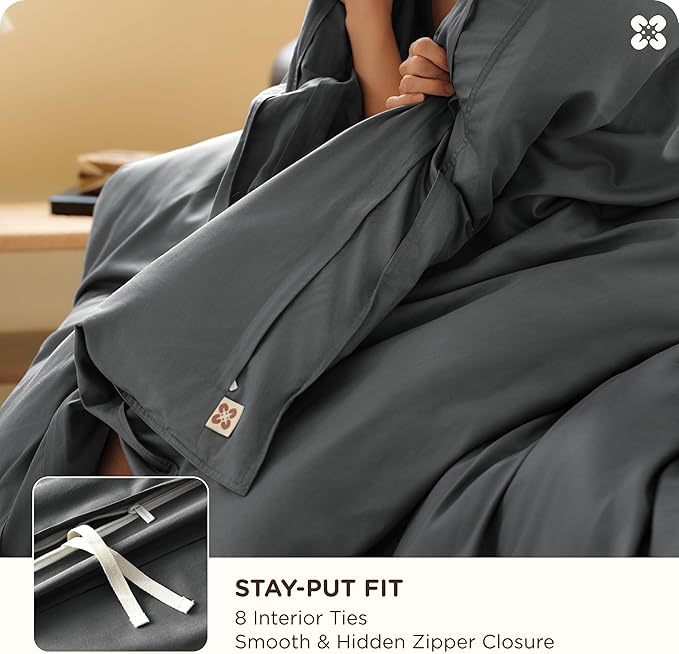 Bedsure Cotton Duvet Cover Queen Size, Cotton & Rayon Derived from Bamboo Blend Duvet Cover Set for Hot Sleepers, Ultra-Soft, Breathable & Lightweight Home Bedding for All Seasons (Dark Grey,90"x90")
