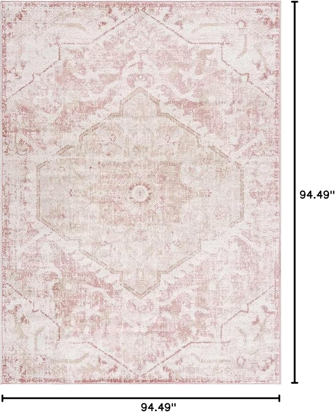 BoutiqueRugs Blush & Light Pink Collection Leonora Bohemian Oriental Medallion Area Rug - Traditional Floral Carpet for Living Room, Bedroom - Blush, Pale Pink, Cream - 7'10" Square Rug