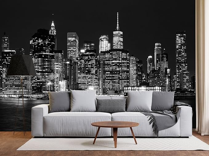 Black City Wallpaper Peel and Stick New York Night Scene Self Adhesive Wall Mural for Living Room Bedroom 82"x57"