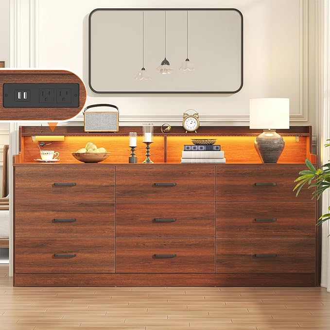 Bigbiglife 9 Drawer Dresser with Built in Power Outlet and LED Light, Modern Chest of Drawers for Bedroom, Triple Wide Drawer Organizer Cabinet for Living Room, Entryway, Hallway, Walnut Brown