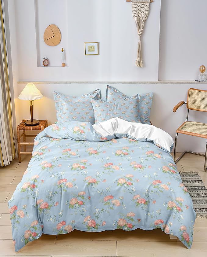 Pink Flower Duvet Cover Set Twin 3 Pieces Girls Bedding Set Floral Comforter Cover with Zipper Closure,Vintage Country Bedding-68x86
