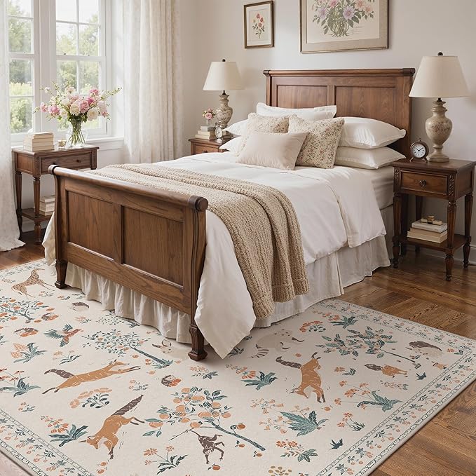 Area Rugs 6x9 Rug for Living Room,Floral Animal Print Area Rug, Machine Washable Non Slip Low Pile Girl Room Carpet for Bedroom, Dining Room, Nursery,Playroom, Beige