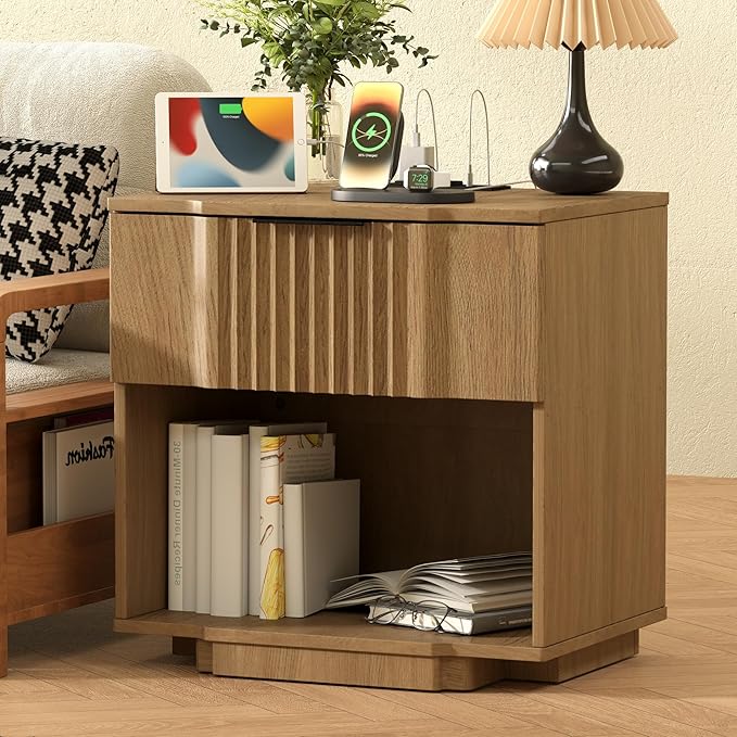 XIAO WEI End Table with 20W Fast Charging Station, Fluted Sofa Side Table with Storage, 21.7" Taller End Table with Drawer and Open Shelf, End Table for Living Room,Natrual