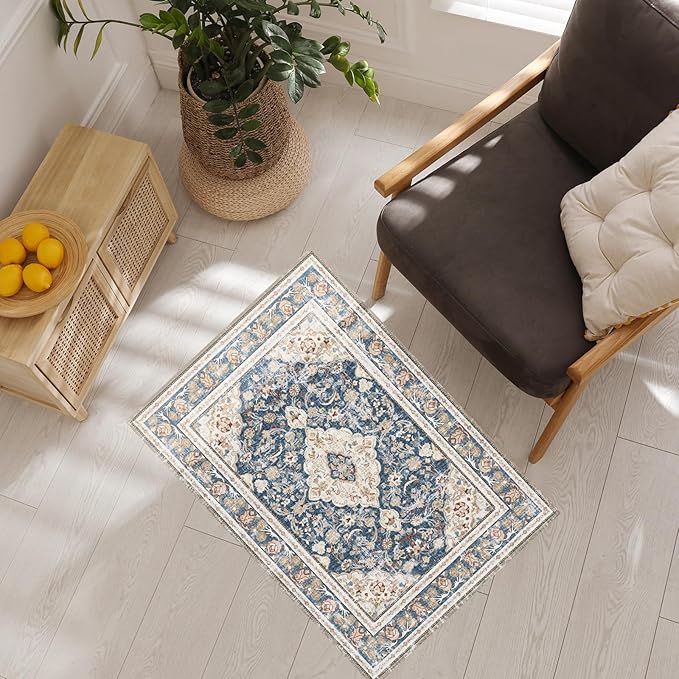 Vhong Boho Area Rugs Washable Vintage Modern Neutral Small Carpet Blue 2×3 High Traffic Rugs Doormat for Bathroom Kitchen Entryway Non Slip