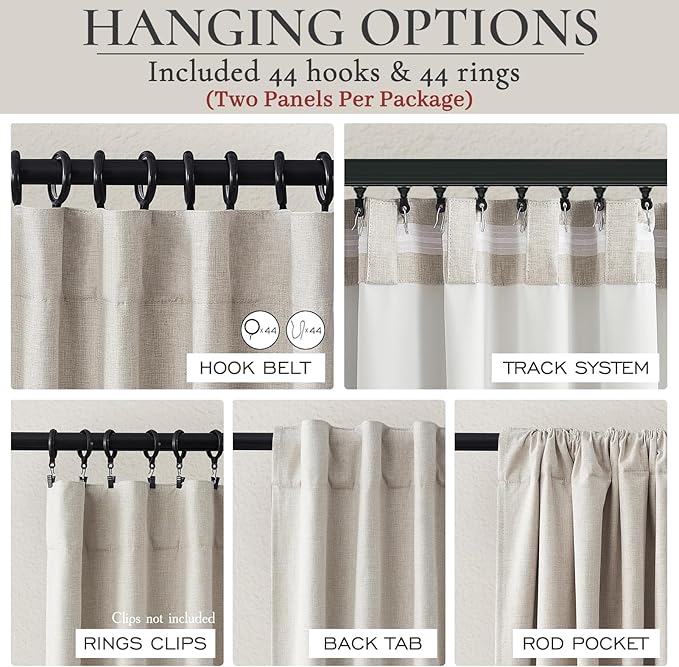 Curtains 70 Inch Length Wide Pleated Blackout Curtain for Sliding Glass Door, Farmhouse Natural Linen Thick Thermal for Summer Heat/Sound Noise Reducing Heavy Large Window Drapes (70"Wx102"Lx2Panels)