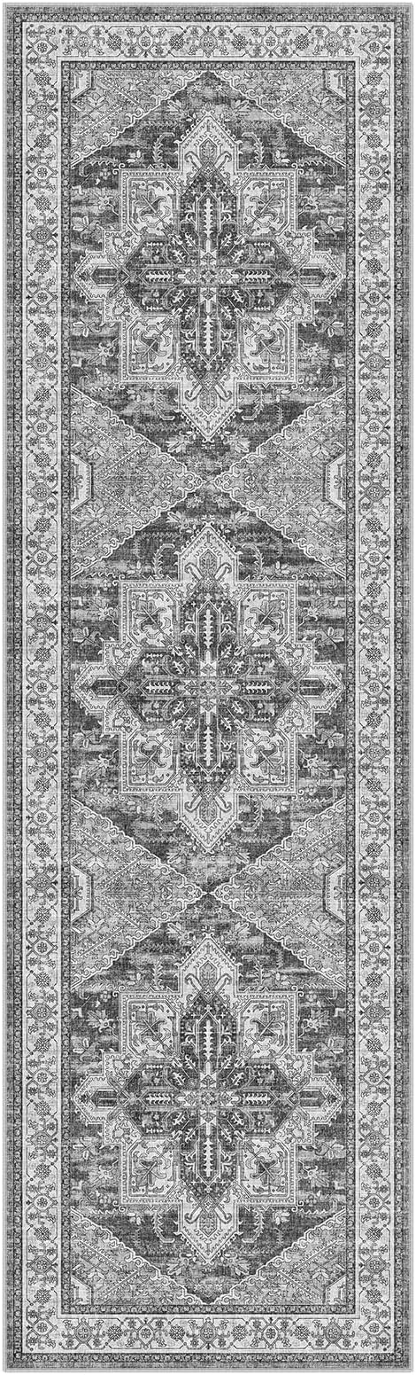 WITSHOCK Kitchen Runner 3x10: Washable Long Runner Vintage Boho Low Pile Stain Resistant Foldable Carpet for Bedroom Hallway Entryway Indoor Entrance, Oriental Distressed Farmhouse Home Decor, Grey