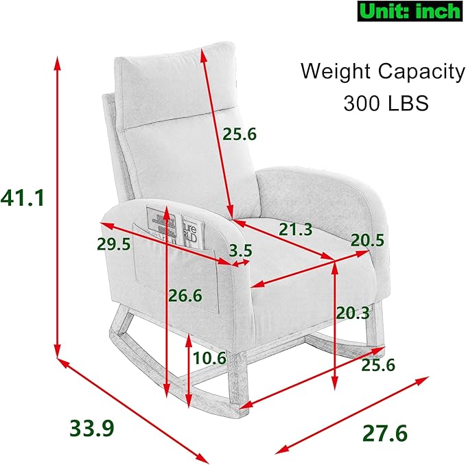 Nursery Rocking Chair with Solid Wood Legs, Glider Chair for Nursery with Two Side Pockets, Rocker Armchair for Living Room Bedroom (Ivory White, Teddy Fabric)
