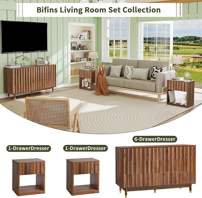 Fluted Dresser, Small Nightstands Set of 2, Natural Bedside Table with Drawer and Storage, Mid Century Modern Side Table for Bedroom Sofa