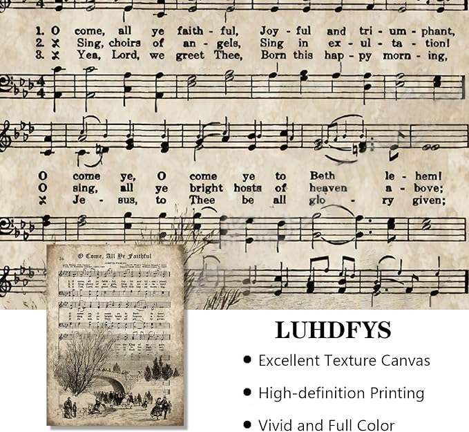 LUHDFYS Vintage Christmas Carol Sheet Music Wall Art,Aged Antique Grunge Style Canvas Print,Religious Hymn Poster,Unframed Home Decor