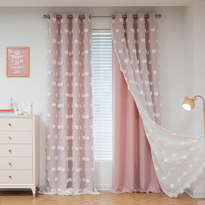 MYSKY HOME Light Blocking Pink Curtains for Living Room White Sheer Pom Pom Kids Room Decor Drapes 108 Inches Long Double Layer Curtain for Sliding Door Grommet Window Panels Set of 2 52" x 108"