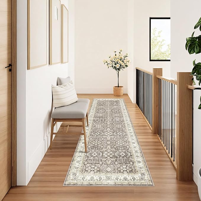 WITSHOCK Runner Rug 2x6 Kitchen, Rugs Runners Machine with Washable Non Slip Backing for Hallway Stair Runner Rug Indoor Entryway Laundry Room, Brown/Beige