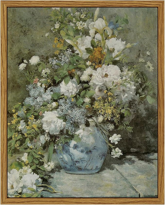 ARPEOTCY Framed Canvas Floral Wall Art Print, Vintage French Flower Spring Botanical Wall Art Home Decor, Ceramic Vase Floral Oil Painting for Living Room, Bedroom, Office Shelf Decor, 8x10 inch