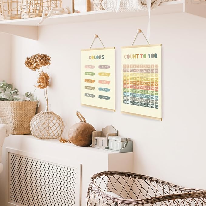 CGBHW Boho Educational Poster Hanger Frame Set of 2, Color Count to 100 Number Learning Posters Wall Art Hanging Decor for Classroom Nursery Kids Room Playroom Preschool，12x16Inch