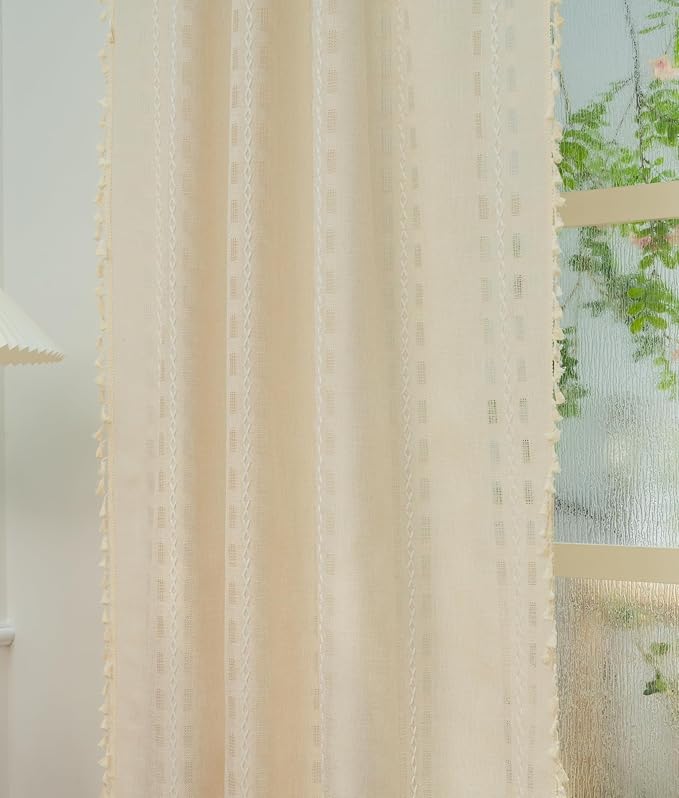 Deeprove Ivory Boho Curtain 96 inches Long for Living Room Bedroom, Vintage Bohemian Semi Blackout Linen 96 inches Length Stripe Embroidery Privacy Window Tassel Decor W52 x L96, 1 Panel