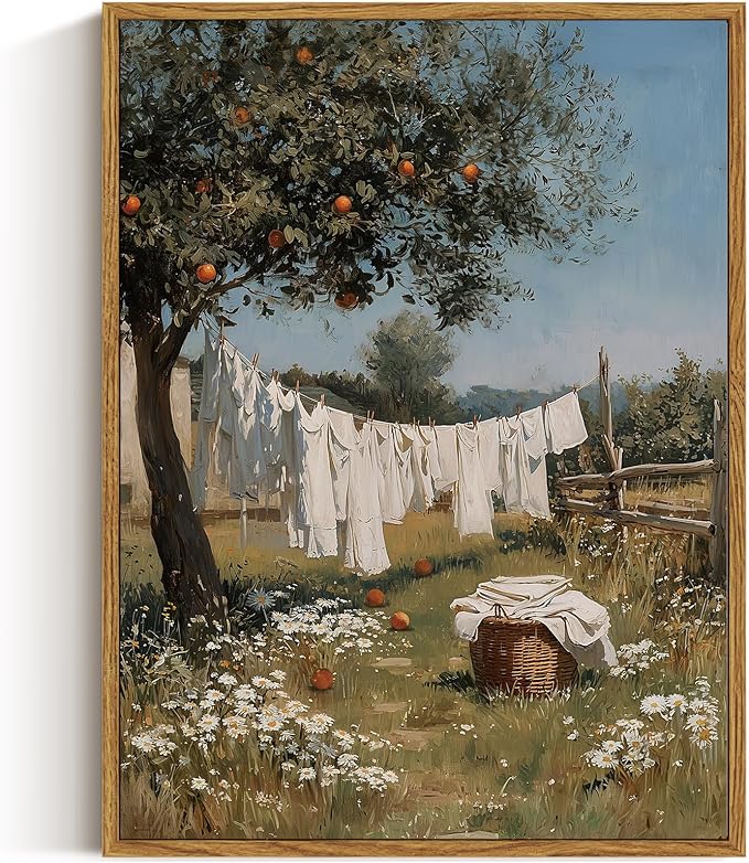 ARPEOTCY Vintage Framed Canvas Wall Art, 12x16inch, Farmhouse Laundry Wall Decor, Country Art Prints Home Decorations, Country Landscape Paintings for Summer Laundry Room Shelf Decor