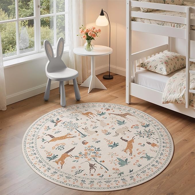Round Rug 5FT Washable Circle Rug Non Slip, Floral Animal Print Low Pile Small Round Rug for Bedroom, Entryway,Dining Room,Playroom, Beige