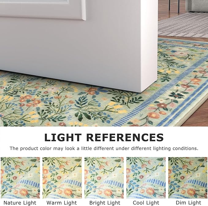 Area Rugs for Living Room 8x10, Washable Boho Green Thin Floral Living Room Rug Non-Slip, Vintage Bedroom Indoor Carpet for Dining Room Kitchen Playroom Office, Green/Multi