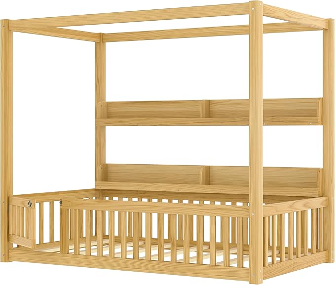 Bellemave Twin Size Canopy Bed with Guardrails and Door, Wood Floor Bed with Shelves for Toddlers, Built in 4 Poster Design,Montessori Bed for Kids,Boys,Girls,Easy Assemble（Twin,Natural）