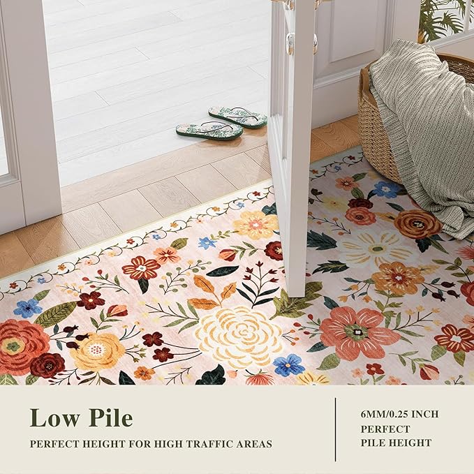 5x7 Washable Area Rug for Living Room, Floral Non-Slip Non-Shedding & Easy Care, Soft Low Pile Boho Indoor Floor Carpet for Living Room, Bedroom, Farmhouse, Dining Room, Kids Playroom, Beige