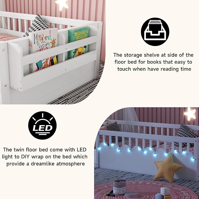 Twin Toddler Floor Bed with High Rails, Wooden Montessori Bed Frame with Light and Storage Shelf, Twin Size Bed Frame for Kids, Boys and Girls, White