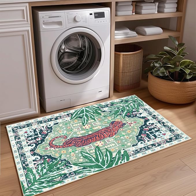 Door Mat Indoor Entrance 2x3 Rug Washable Non-Slip Green Tiger Rug for Bathroom Kitchen Entryway Animal Cheetah Print Jungle Rug Boho Vintage Soft Cozy Tropical Woodland Carpet
